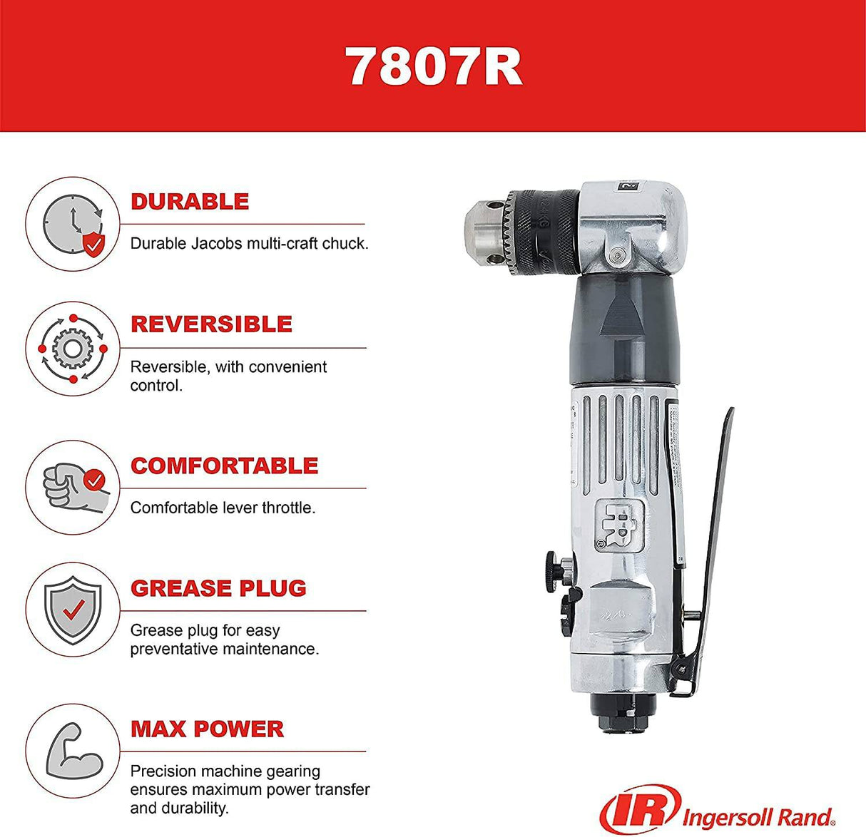 Ingersoll Rand 7807R Taladro angular neumático reversible de 3/8", servicio estándar, 1800 RPM, mandril Jacobs Multi-Craft silencioso y duradero, tapón de grasa - DIGVICE MX