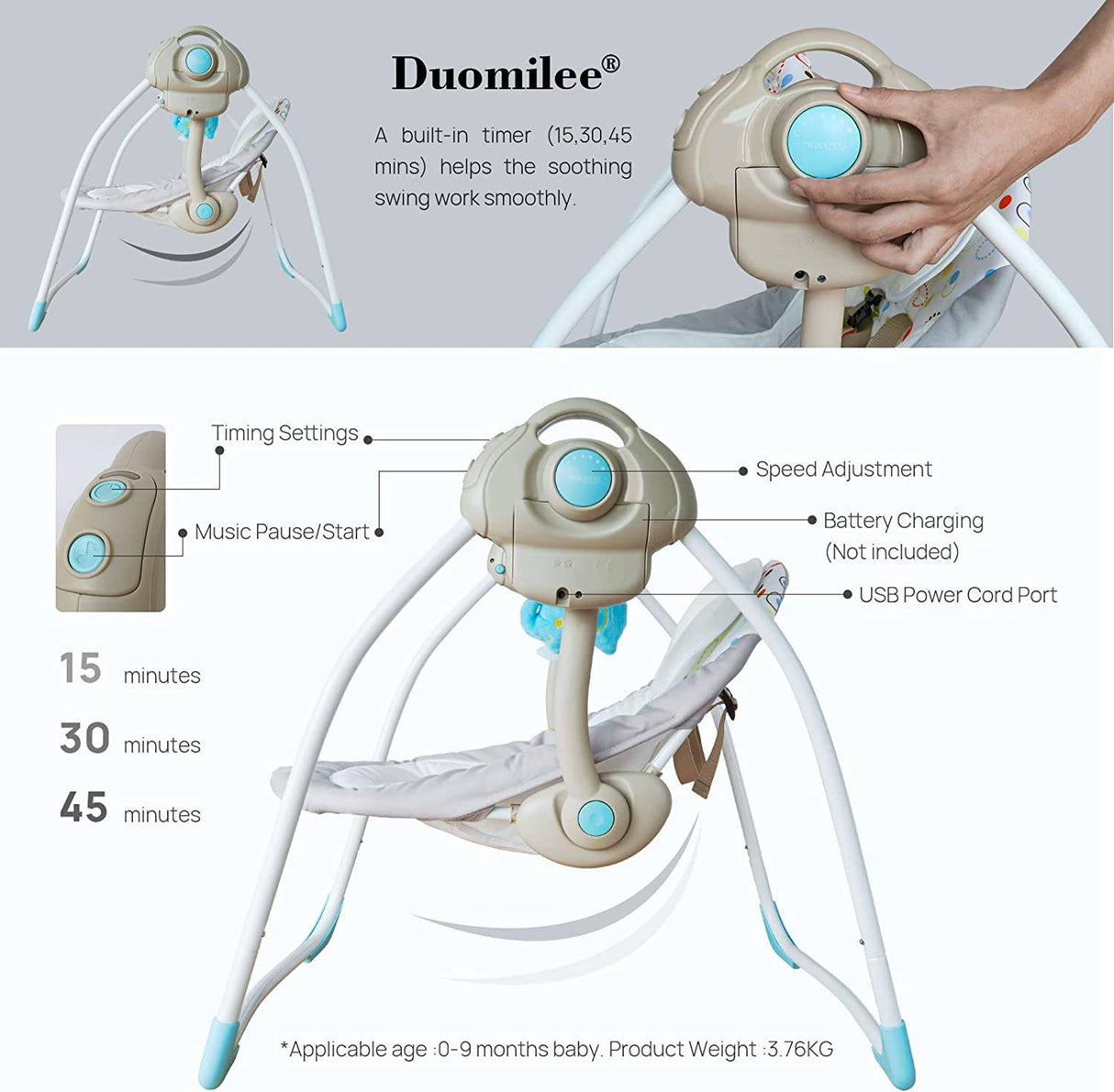 DUOMILEE - Columpio portátil relajante para bebés, eléctrico para bebés con caja de vibración de música inteligente, Resistencia de carga de la mecedora cómoda: 6-25 lb, Objeto aplicable: 0-9 meses para bebés. - DIGVICE MX