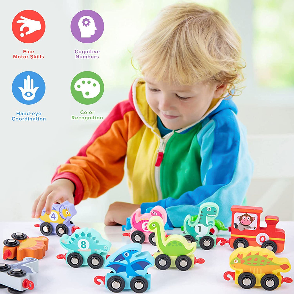 Atoylink Juego de tren de dinosaurio de madera con números Montessori Juguetes educativos de aprendizaje - B0B1LSSWQV