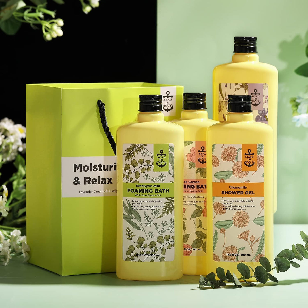 Seas the Day - Baño de burbujas, baño espumoso con sal pura de Epsom, rosa, lavanda, manzanilla y eucalipto, aroma a menta, paquete de 4 51.2 fl oz