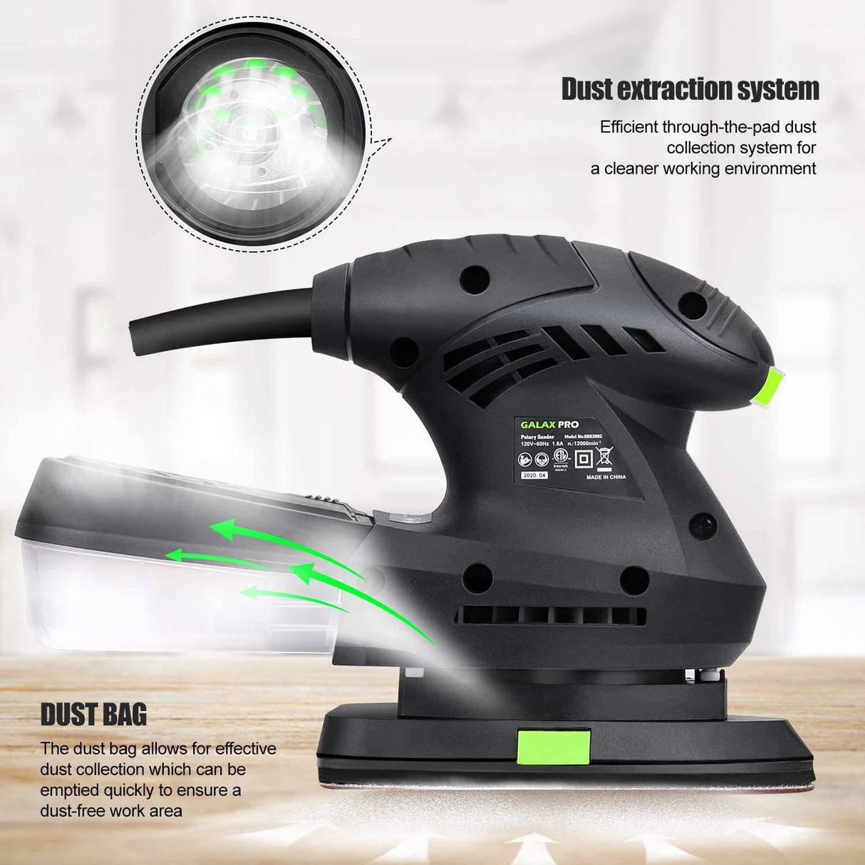 Lijadora orbital eléctrica GALAX PRO, lijadora de detalle de 12000 OPM con 10 piezas de papel de lija, lijadora manual de 1,6 A con cable de alimentación y sistema de recolección de polvo (QD6306C) - DIGVICE MX