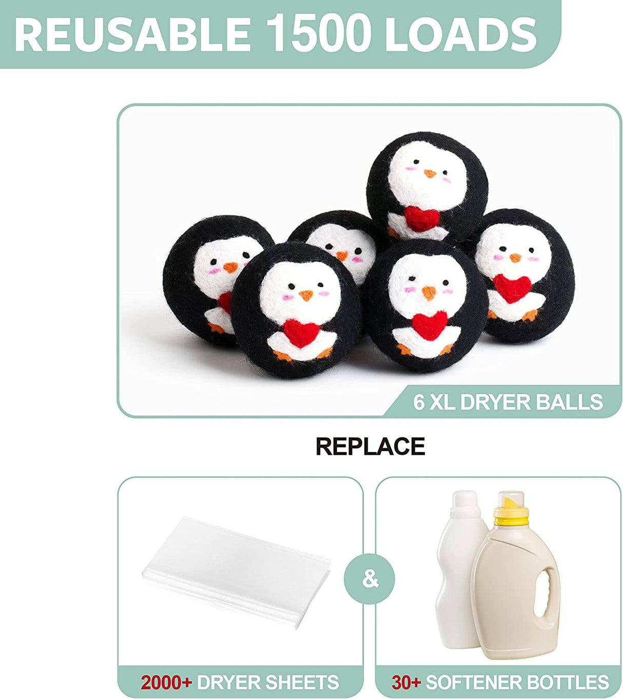 Calindiana - Bolas para secadora de lana de Nueva Zelanda 100% orgánicas de primera calidad, suavizante de tela reutilizable para la colada, bonita alternativa a las hojas de secadora, antiestático, tamaño XL, paquete de 6, pingüino negro - DIGVICE MX