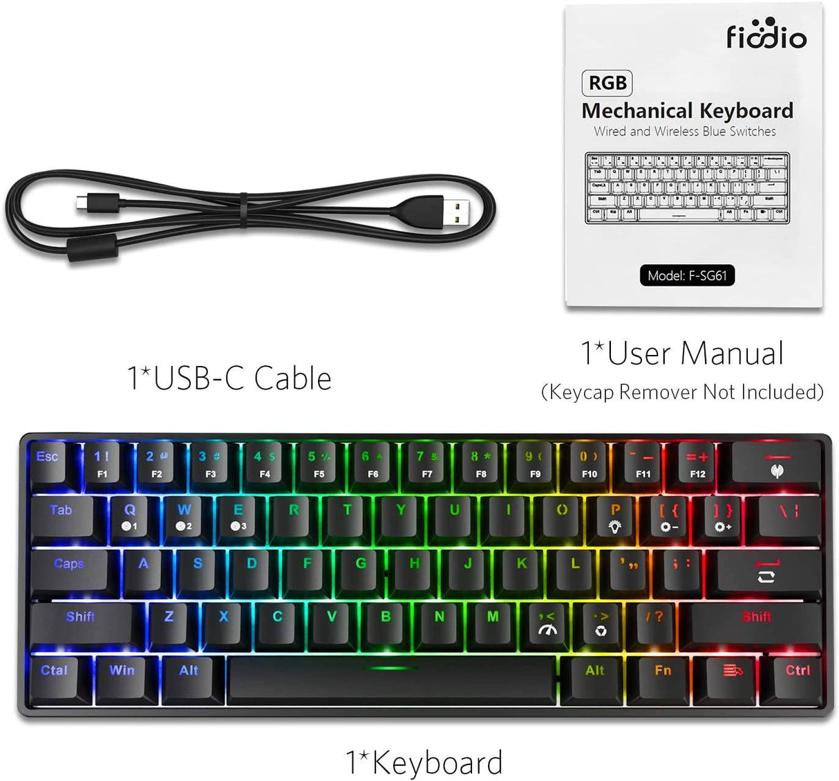 Fiodio 61 teclas RGB inalámbrico y teclado mecánico para juegos con cable con interruptores azules, sonido de clic audible Arco iris portátil compacto mini teclado de oficina para juegos de PC con Windows, (F-SG61)