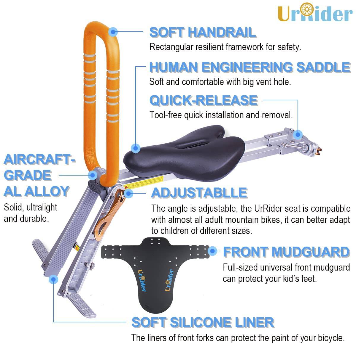 UrRider Asiento de bicicleta para niños, asiento de bicicleta para niños de montaje frontal, plegable, portátil, sin herramientas, liberación rápida, actualización, para niños de 2 a 6 años (hasta 60 libras) - DIGVICE MX