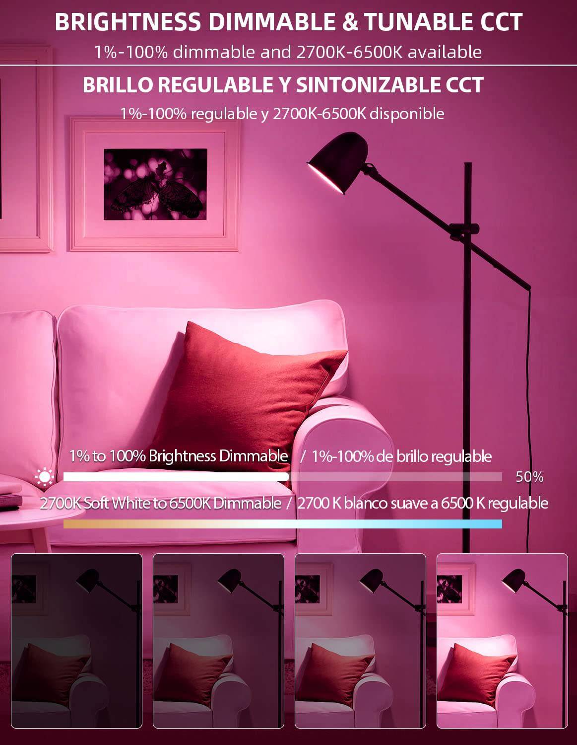 MikeWin Smart Wi-Fi Bombillas, compatibles con Alexa y Google Home Assistant (no requiere concentrador, solo 2,4 GHz), bombilla LED A19 regulable RGBCW cambio de color 2700-6500K 10 W (equivalente a 80 W) 900 lm, paquete de 4 - DIGVICE MX