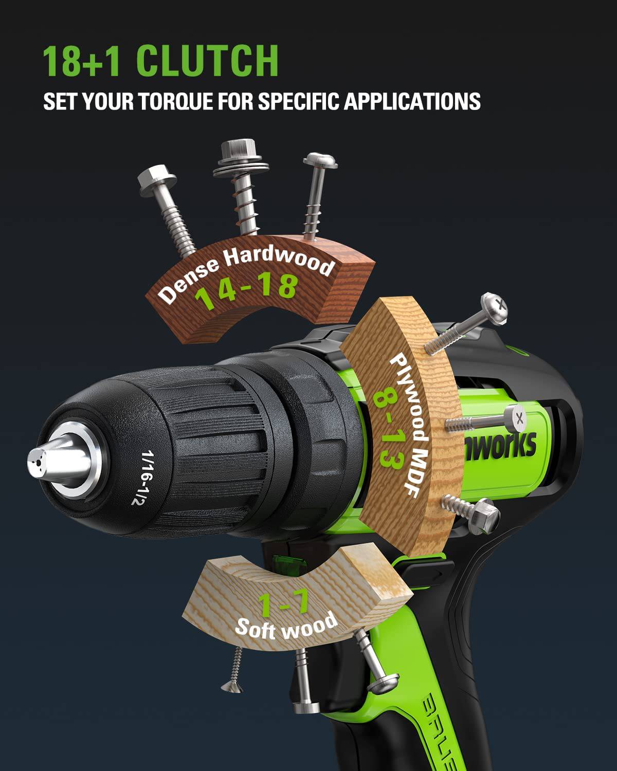 Greenworks Kit de taladro inalámbrico sin escobillas de 24 V, 310 pulgadas/libras, embrague de 18+1 posición, portabrocas sin llave de 1/2 pulgada, velocidad variable, (2) baterías de 2 Ah con cargador de 2A, luz LED, 8 brocas con bolsa de herramientas - DIGVICE MX