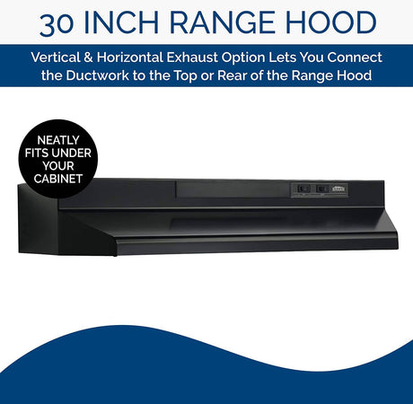 Broan-NuTone F403023 Ventilador de escape para debajo del gabinete Inserto de campana convertible de cuatro vías de dos velocidades con luz, 30 pulgadas, negro - DIGVICE MX