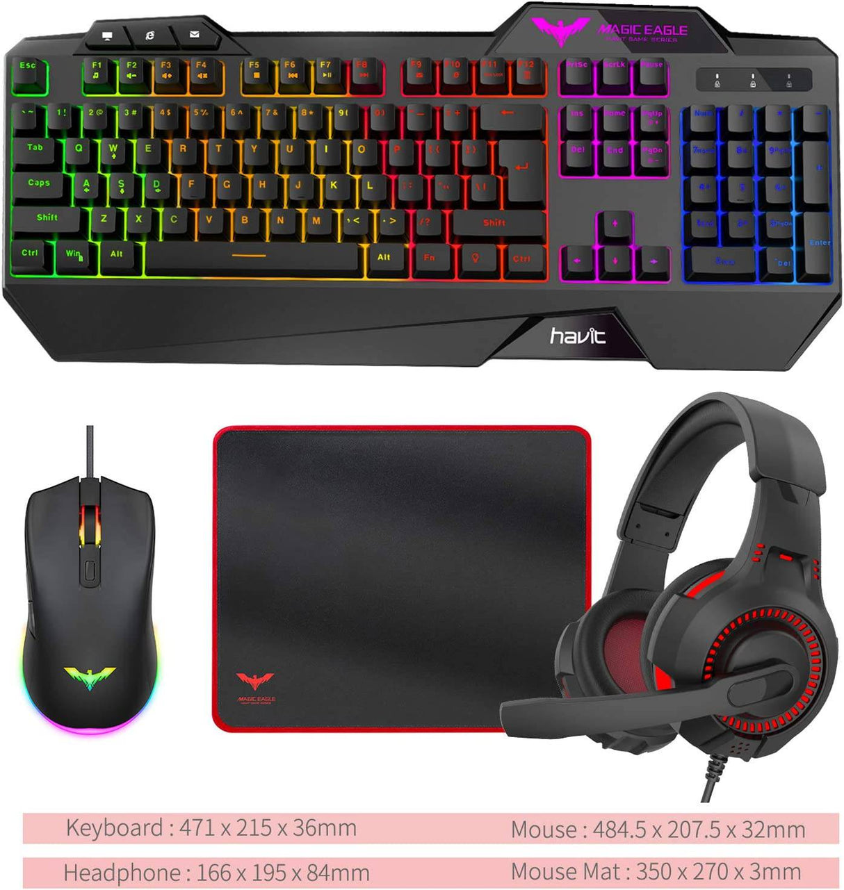 Havit Gaming Keyboard Mouse Headset & Mouse Pad Kit, Rainbow LED Backlit Wired, Over Ear Headphone con micrófono para PC, computadora portátil y más