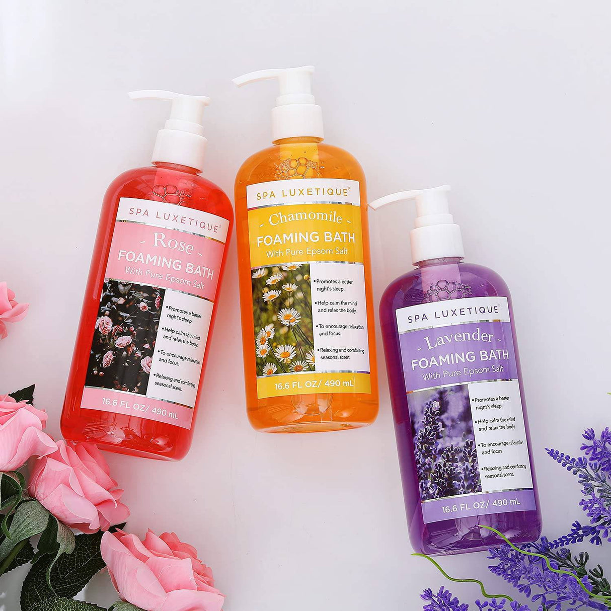 Spa Luxetique - Baño de burbujas con sal pura de Epsom, rosa de manzanilla y juego de baño con aroma a lavanda, regalos de Navidad para mujeres y hombres, paquete de 3 49.8 fl oz