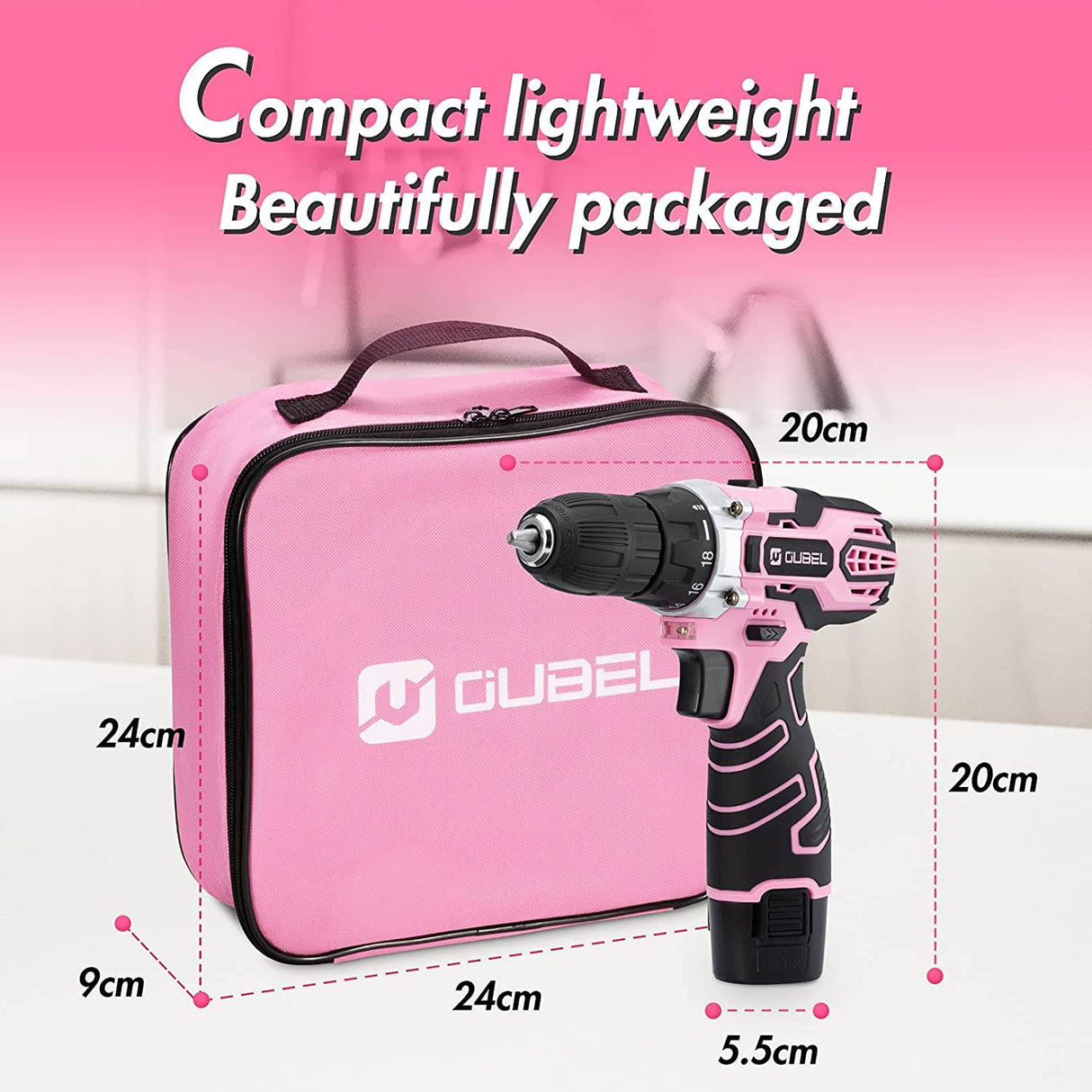 OUBEL Juego de brocas rosas para mujer, taladro inalámbrico rosa de 12 V, taladro eléctrico, taladro de batería, batería de 2000 mAh, ajuste de par de 18+1, portabrocas sin llave de 3/8 pulgadas, 2 velocidades variables - DIGVICE MX