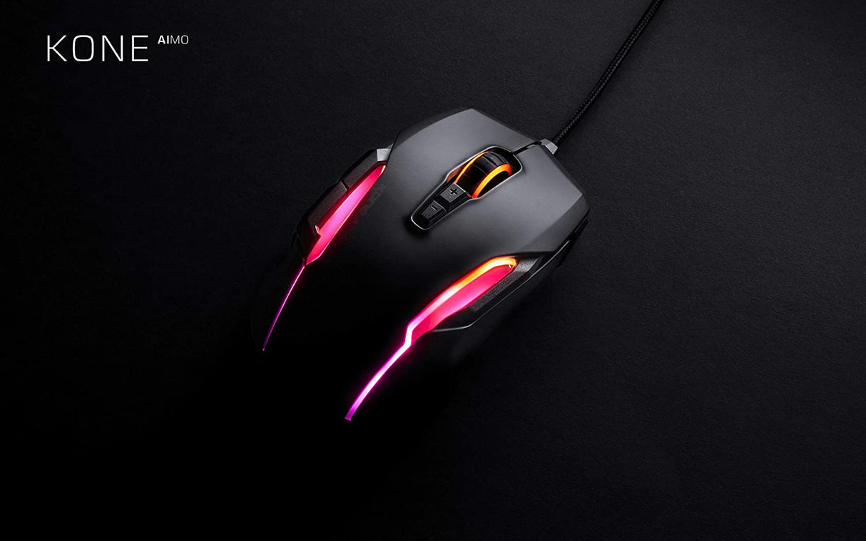 ROCCAT Kone AIMO - Ratón para juegos de PC remasterizado, óptico, iluminación retroiluminada RGB, 23 teclas programables, memoria integrada, empuñadura de palma, sensor de ojo de búho, ergonómico, iluminación LED, ajustable a 16 000 ppp, negro