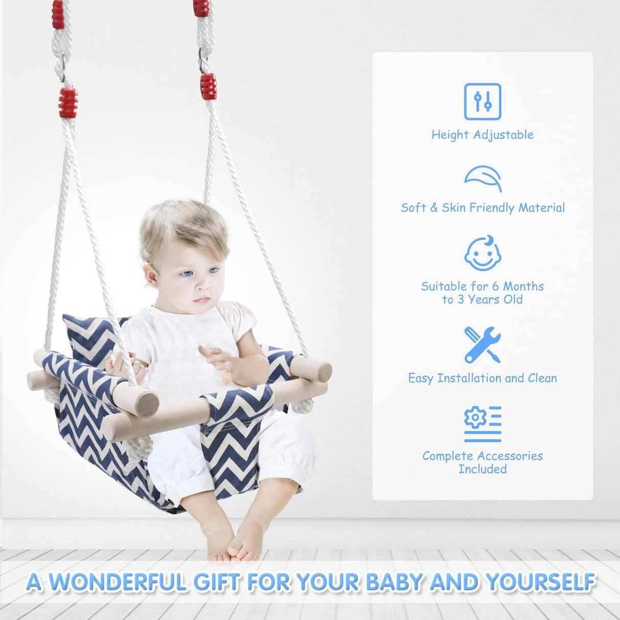 GRASSMAN - Columpio seguro para bebé, columpio de lona de madera para bebé con cojín y cuerdas de polietileno, hamaca para interior y exterior para bebés y niños pequeños - DIGVICE MX
