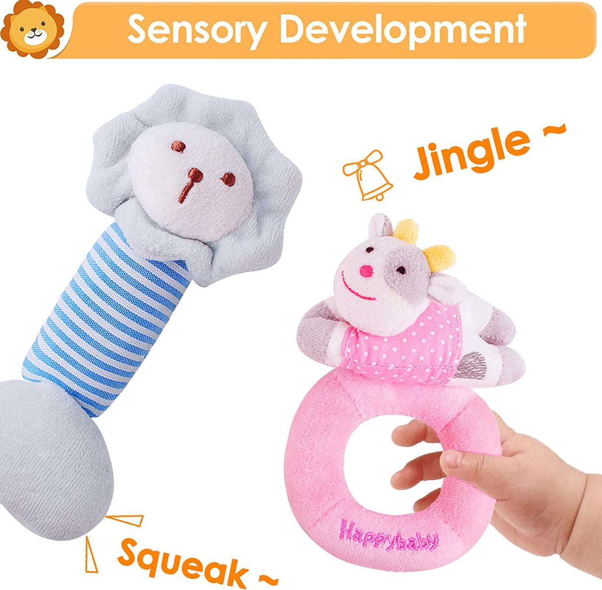 iPlay, iLearn 4 juguetes de peluche para bebé con sonajero suave, agitador sensorial de mano, juego de animales de peluche de granja - B077PS65DG
