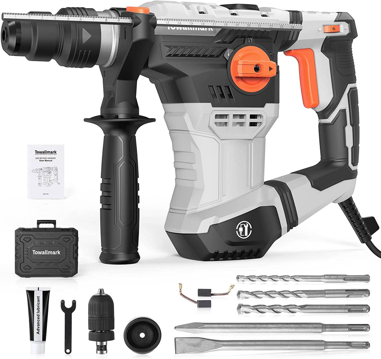 Taladro de martillo giratorio, Towallmark SDS Plus martillo taladro 9 amperios 6J antivibración, peso medio, 4 funciones en 1 perilla martillo giratorio para hormigón, ladrillos, azulejos incluyendo brocas y cinceles - DIGVICE MX
