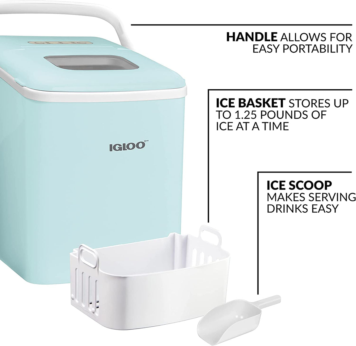 Igloo Máquina automática para hacer hielo en encimera eléctrica portátil con autolimpieza con asa, 26 libras en 24 horas, 9 cubitos de hielo listos en 7 minutos, con cuchara para hielo y cesta - DIGVICE MX