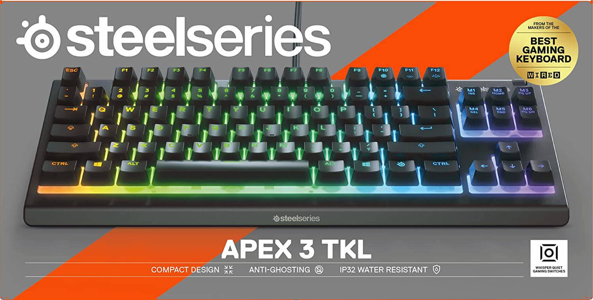 SteelSeries Apex 3 TKL RGB - Teclado para juegos - Factor de forma compacto sin llave - Iluminación RGB de 8 zonas - IP32 resistente al agua y al polvo - Interruptor de juego silencioso - Anti-ghosting de grado de juego