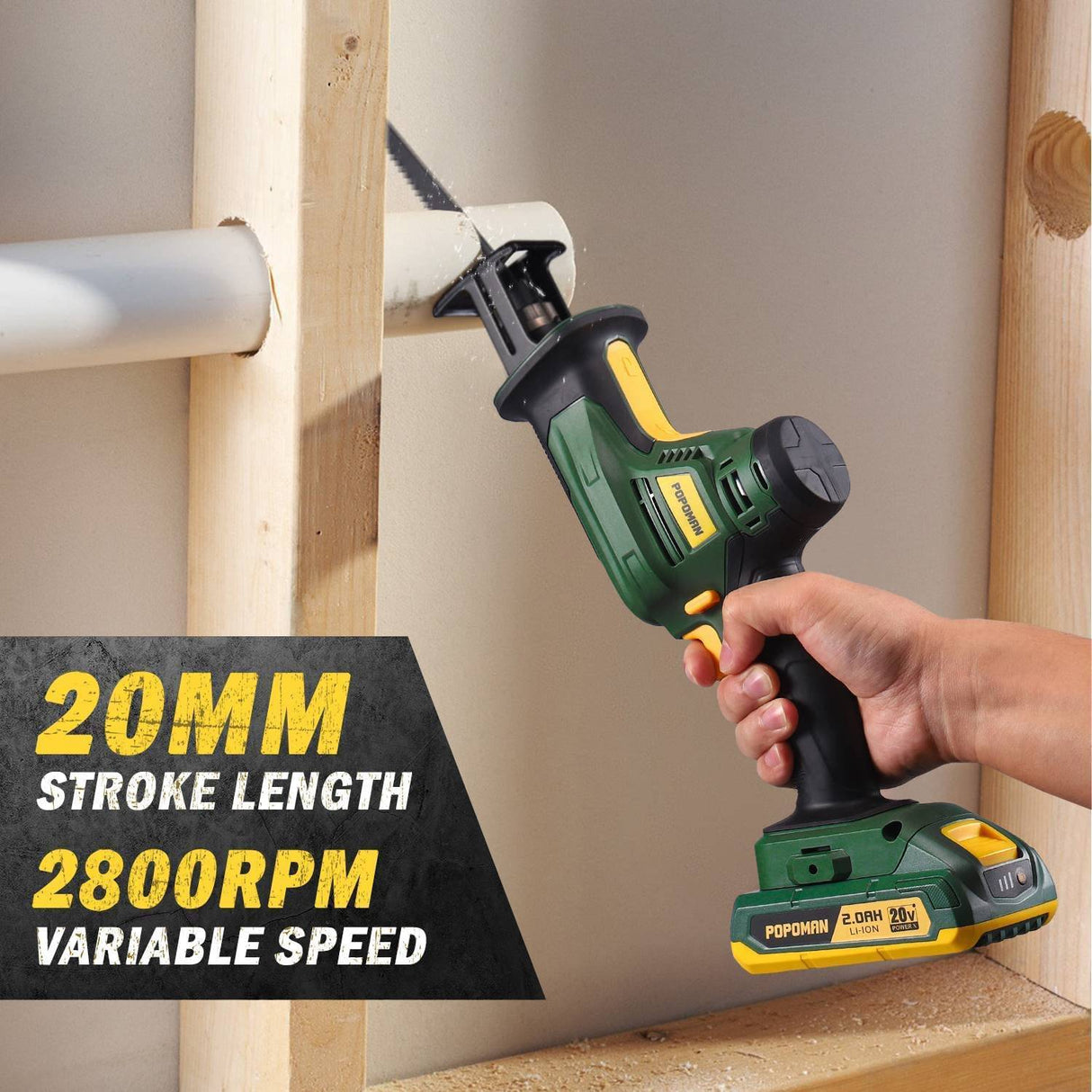 POPOMAN PMRS01D Sierra de sable inalámbrica de 20 V con mordaza de sujeción, velocidad variable de 0 a 2800 SPM, con batería de 2,0 Ah y cargador rápido de 1 H, longitud de carrera de 4/5" (20 mm), 3 cuchillas para corte de metal y madera - DIGVICE MX