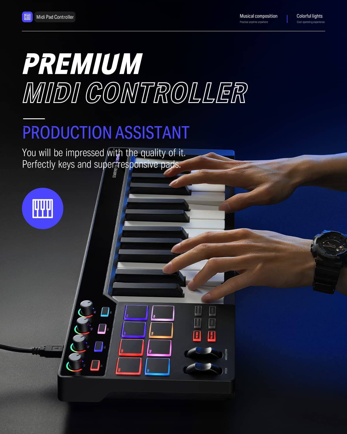 Donner STARRYKEY Teclado MIDI Controlador MIDI, 25 teclas de tamaño completo, efecto de iluminación de 7 colores, 8 almohadillas retroiluminadas sensibles a la velocidad con 24 tonos personalizados seleccionables, con salida MIDI e interfaz de pedal