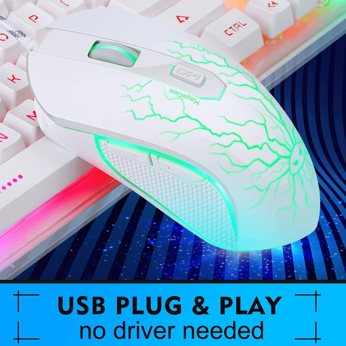 MageGee - Combo de teclado y mouse para juegos, teclado retroiluminado con arco iris LED K1 con 104 teclas Teclado para juegos de computadora PC para PC / computadora portátil (blanco)