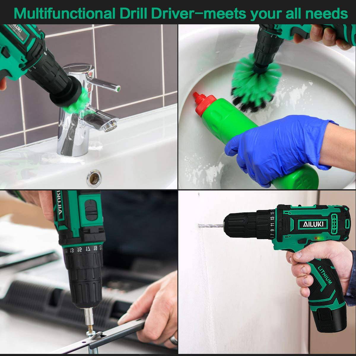 AILUKI Kit de taladro inalámbrico, juego de 67 brocas de 12 V, batería de iones de litio, cepillos de pulsera magnética, cinta métrica, taladro máximo de 280 pulgadas en libras, mandril sin llave de 3/8 pulgadas, embrague de metal 25+1 y LED integrado - DIGVICE MX