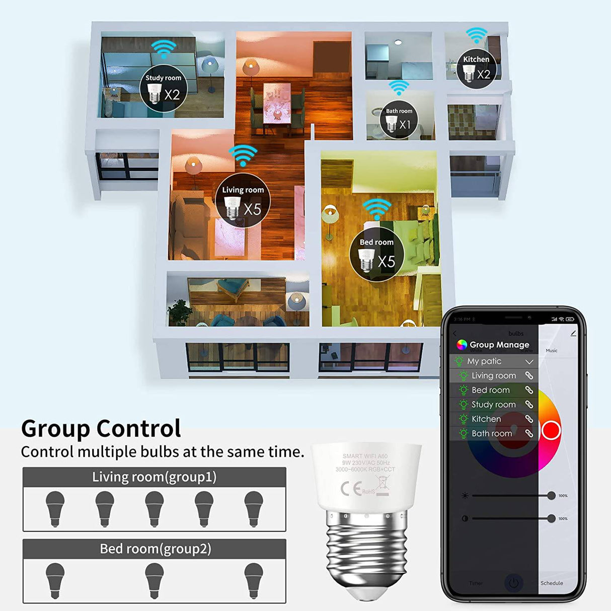 Bewahly Bombillas inteligentes, bombilla Alexa que cambia de color, malla WiFi, bombillas inteligentes que funcionan con Alexa/Google Home, bombilla LED regulable A19 E26 multicolor, alto brillo, 9 W 800 lm, 110 V CA, paquete de 6 - DIGVICE MX