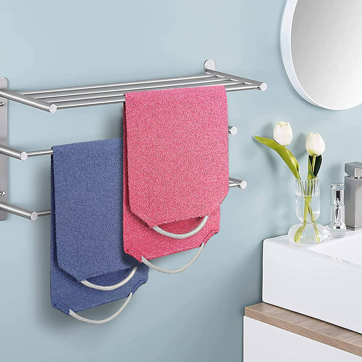 Evridwear - Exfoliante de espalda con asas de dos lados para ducha corporal, limpieza profunda, masajes de piel, vigorizante circulación sanguínea, hombres y mujeres, talla única (paquete de 2 azules)