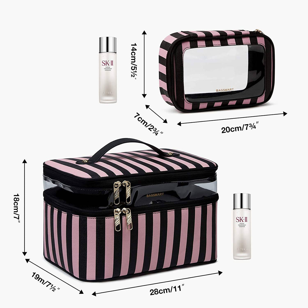 BAGSMART - Bolsa de maquillaje grande, estuche de viaje con bolsa de aseo transparente, organizador de maquillaje de doble capa con divisores ajustables, bolsa de almacenamiento portátil para artistas, rayas de cuero negro y rosa
