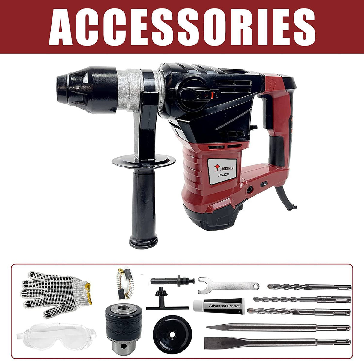 Taladro percutor rotativo 14,6 Amp, JACKCHEN 1-1/4'' SDS-Plus, taladro eléctrico 6J 1100BPM/4700RPM, 3 funciones, ideal para hormigón y piedras (rojo) - DIGVICE MX