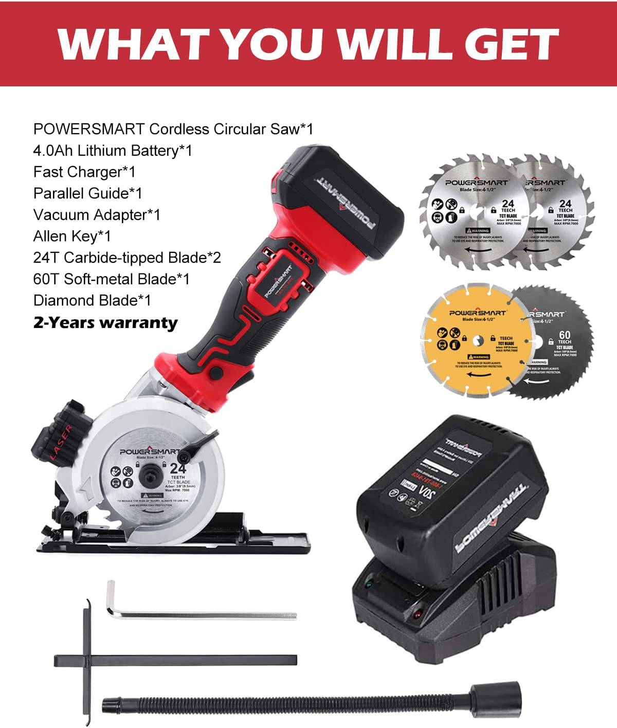 Sierra circular inalámbrica PowerSmart, minisierra circular inalámbrica de 20 V y 4-1/2 pulgadas, 4500 RPM, guía láser y paralela, 4 cuchillas para madera, metal blando y azulejos, batería de 4,0 Ah y cargador rápido incluido - DIGVICE MX