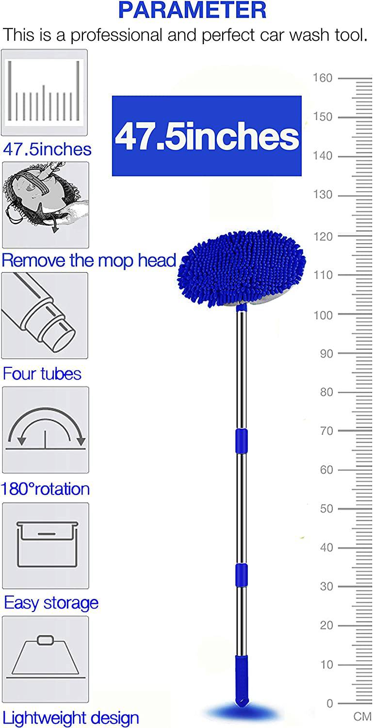 WillingHeart - Cepillo para lavado de autos de 47.5 in, herramienta de limpieza con mango largo para detalles de lavado, 2 en 1, esponja de microfibra de chenilla, plumero que no daña la pintura, sin arañazos