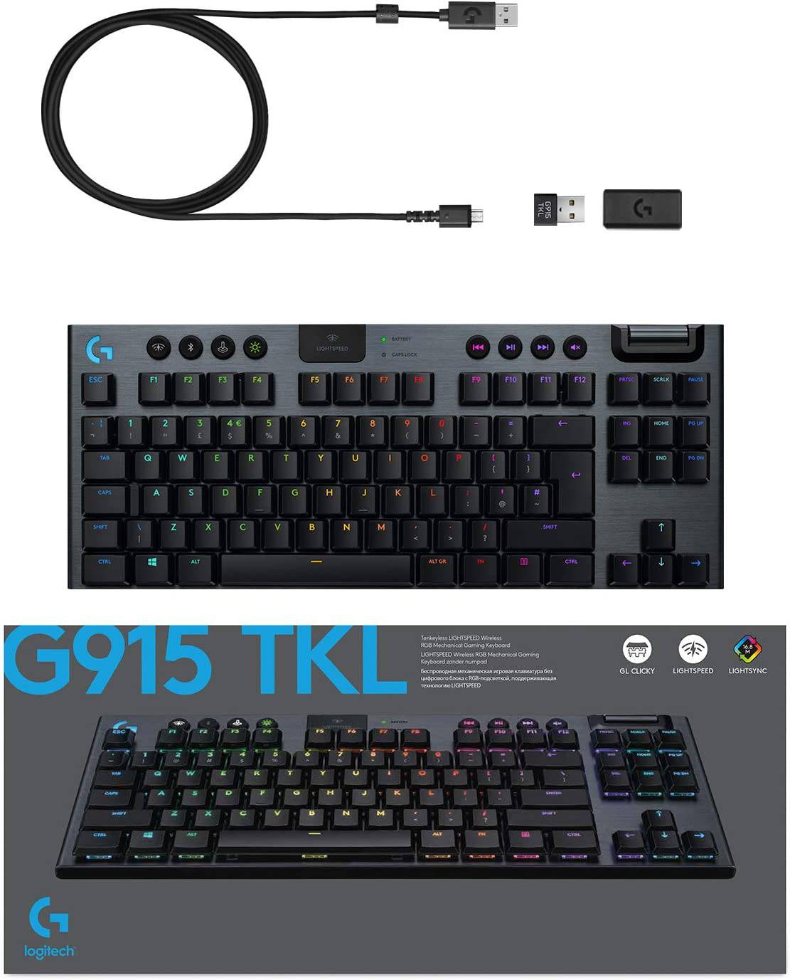 Logitech G915 TKL Tenkeyless Lightspeed Wireless RGB Teclado mecánico para juegos, opciones de interruptor de perfil bajo, LIGHTSYNC RGB, soporte inalámbrico avanzado y Bluetooth - Clicky, negro