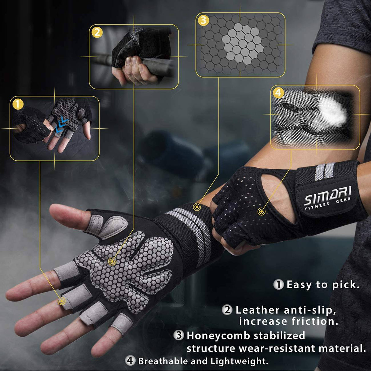 SIMARI - Guantes de entrenamiento para hombres y mujeres, guantes de levantamiento de pesas con muñequeras, soporte para entrenamiento de gimnasia, protección completa de palma para fitness,