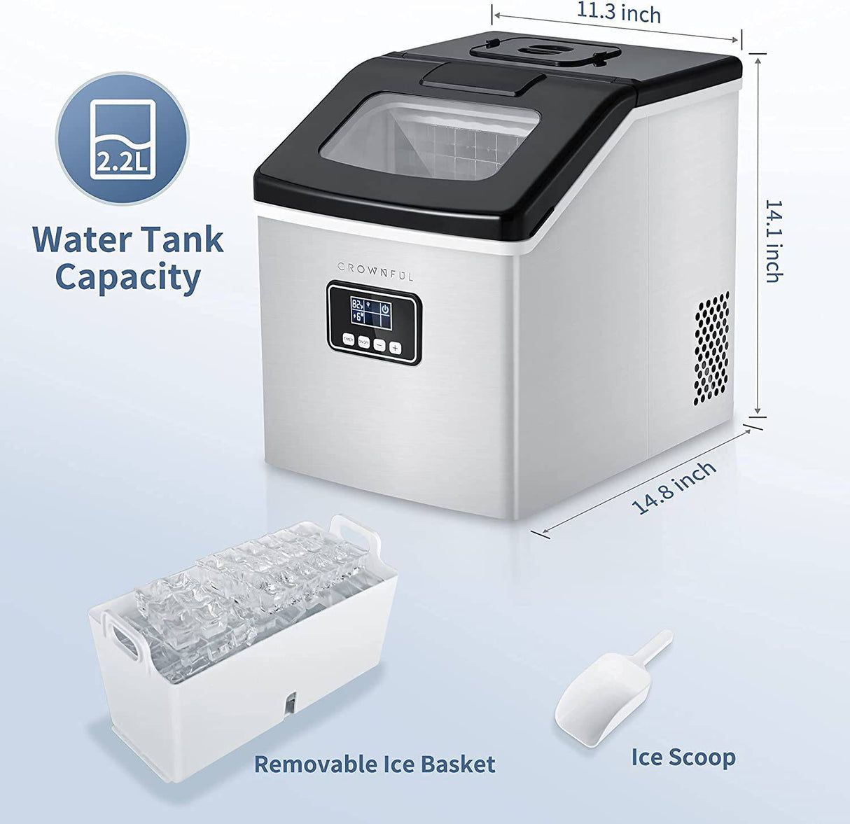 CROWNFUL - Máquina para hacer hielo, encimera, 40 libras/24 horas, 24 cubitos de hielo transparentes en 13 minutos, autolimpieza automática, pantalla LCD, portátil compacta con cuchara y cesta - DIGVICE MX