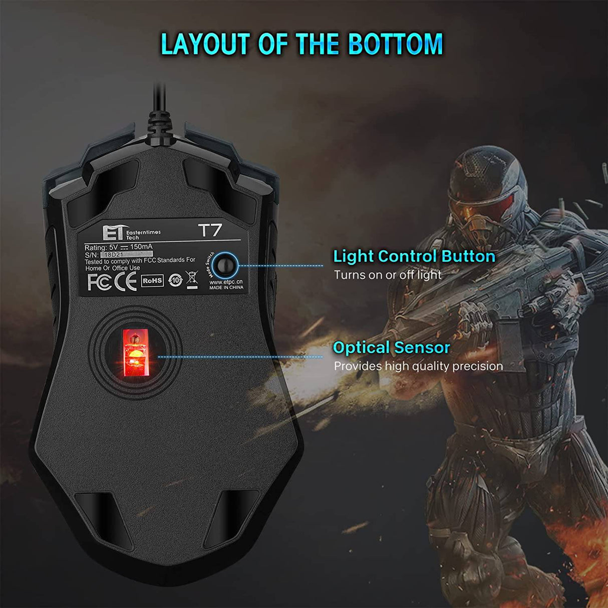 Dacoity - Ratón para juegos con cable, ratón para juegos de PC Gamer Mouse RGB LED 7200 DPI 7 botones programables Plug Play - Negro