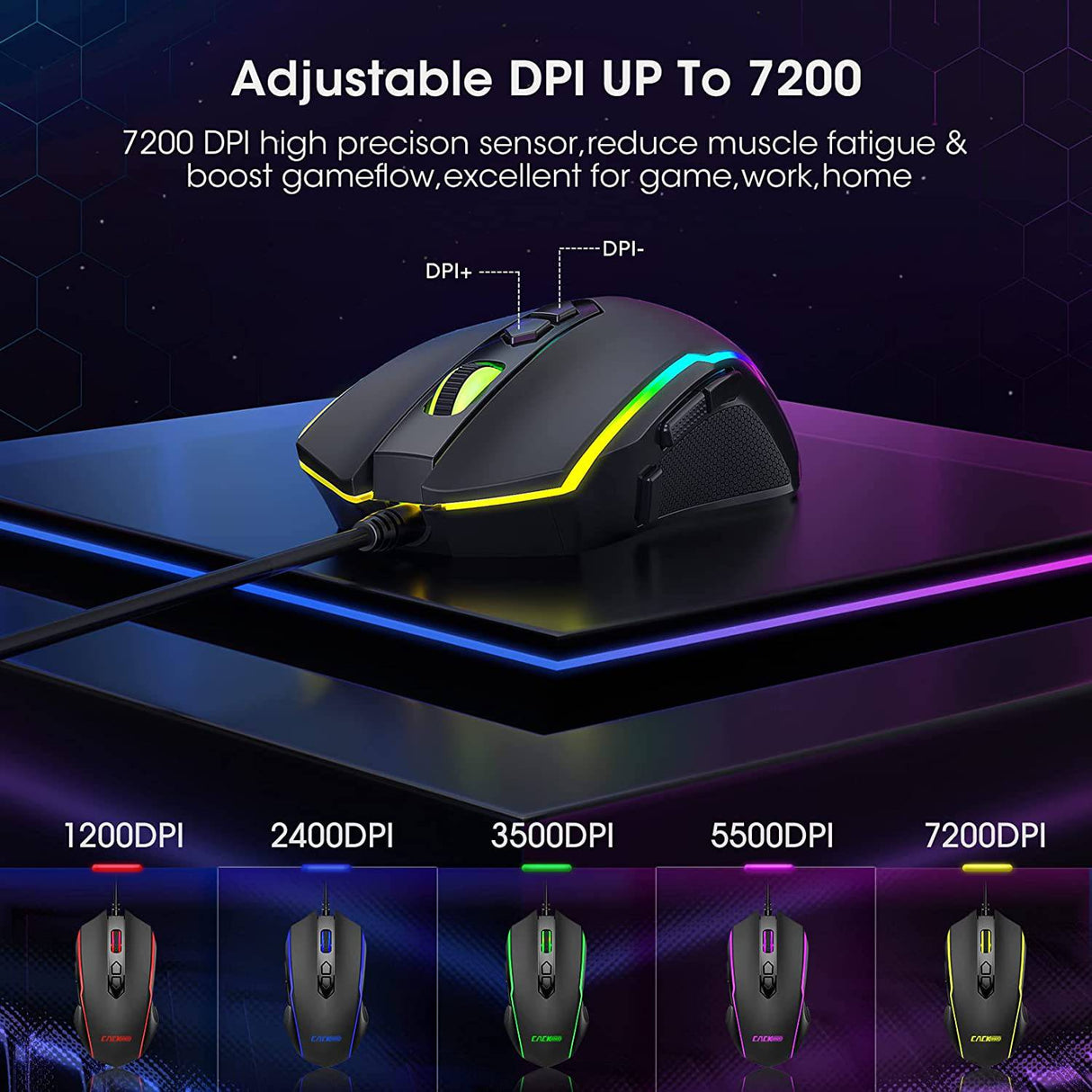 Cackbird Ratón para juegos RGB con cable, ratón para juegos de PC con 8 botones programables, retroiluminación Chroma RGB, 7200 DPI ajustable, empuñaduras laterales de goma, memoria integrada, ratón ergonómico USB