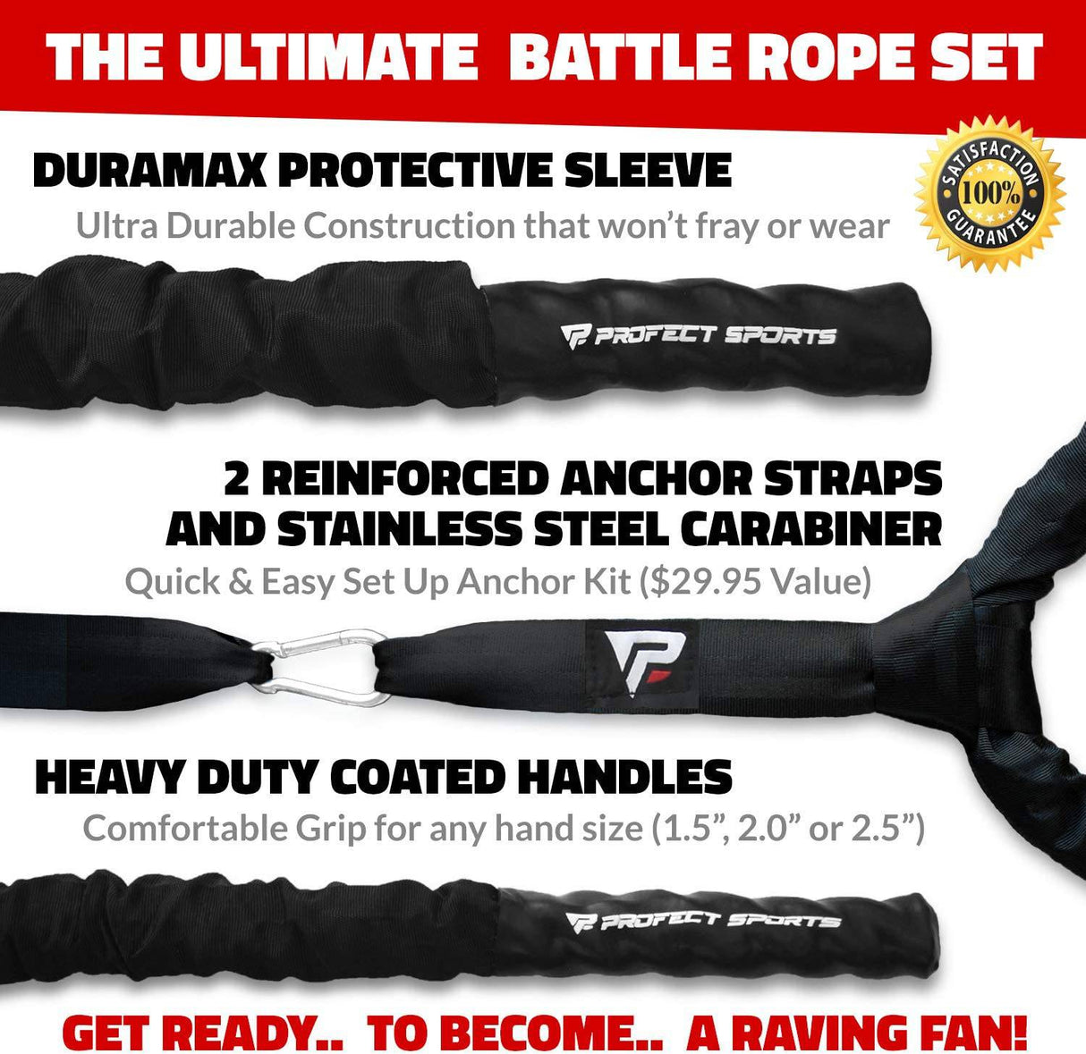 Profect Sports - Pro Battle Ropes con kit de correa de anclaje y póster de ejercicio - Funda protectora duradera mejorada - Cuerda de batalla pesada 100% Poly Dacron para entrenamiento de fuerza, cardio, crossfit, cuerda de ejercicio