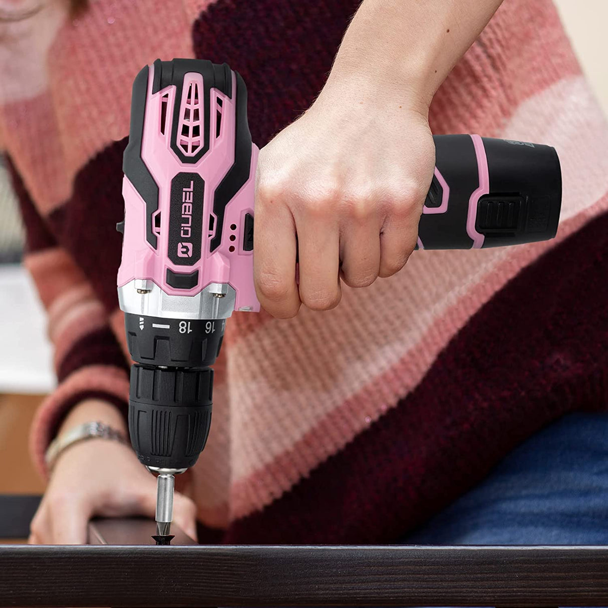 OUBEL Juego de brocas rosas para mujer, taladro inalámbrico rosa de 12 V, taladro eléctrico, taladro de batería, batería de 2000 mAh, ajuste de par de 18+1, portabrocas sin llave de 3/8 pulgadas, 2 velocidades variables - DIGVICE MX