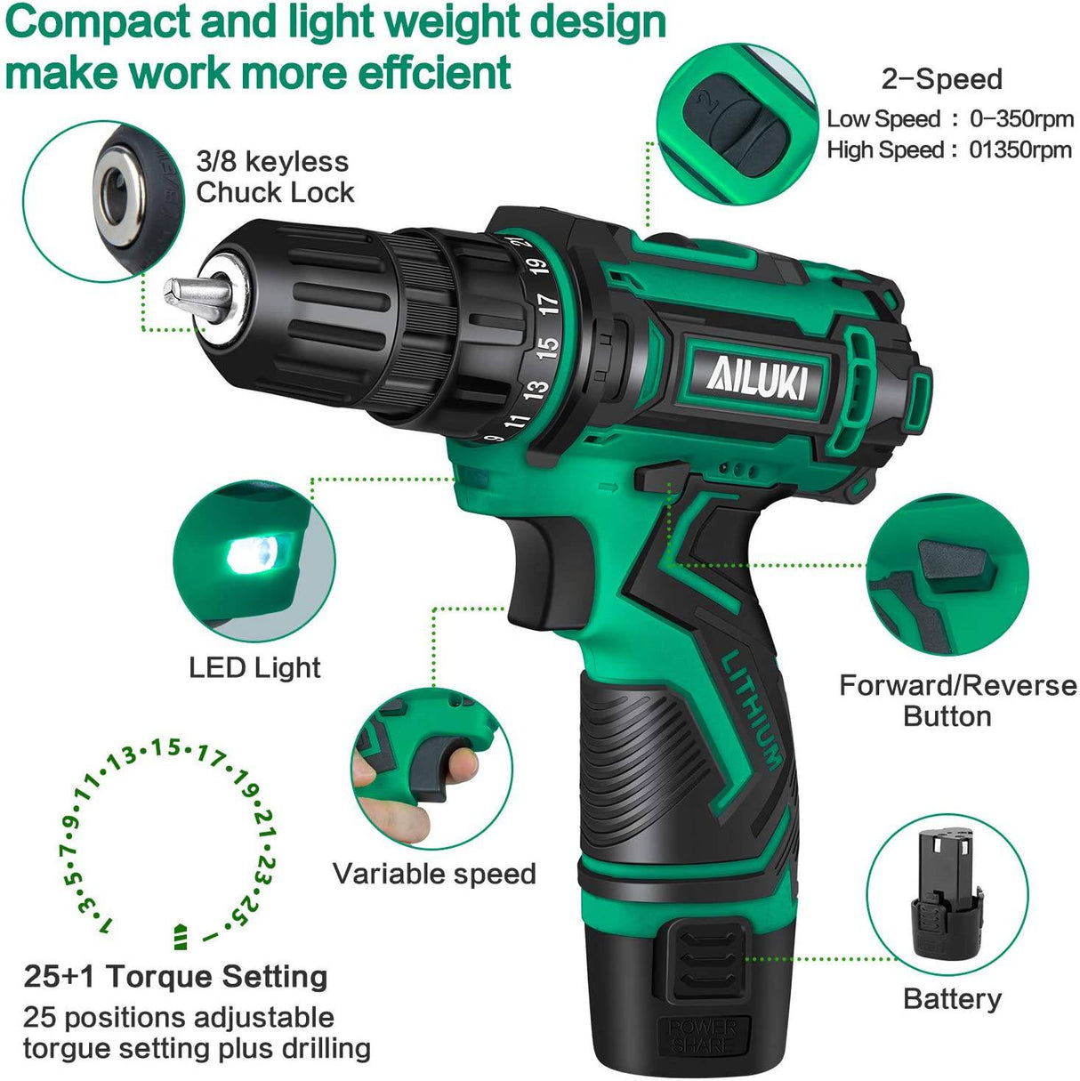 AILUKI Kit de taladro inalámbrico, juego de 67 brocas de 12 V, batería de iones de litio, cepillos de pulsera magnética, cinta métrica, taladro máximo de 280 pulgadas en libras, mandril sin llave de 3/8 pulgadas, embrague de metal 25+1 y LED integrado - DIGVICE MX