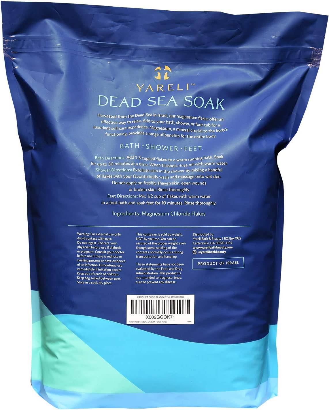 Yareli Dead Sea Bath & Foot Soak, copos de sal de baño de magnesio sin perfume, alternativa más fuerte a la sal de Epsom 15 libras