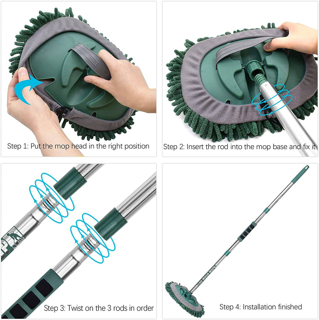 AgiiMan Cepillo de lavado de autos con mango largo - 3 en 1 Fregona de limpieza de autos, Juego de guantes de microfibra de chenilla, Longitud ajustable 24in-43in Kit de limpieza de vehículos con raspador de vidrio, Verde