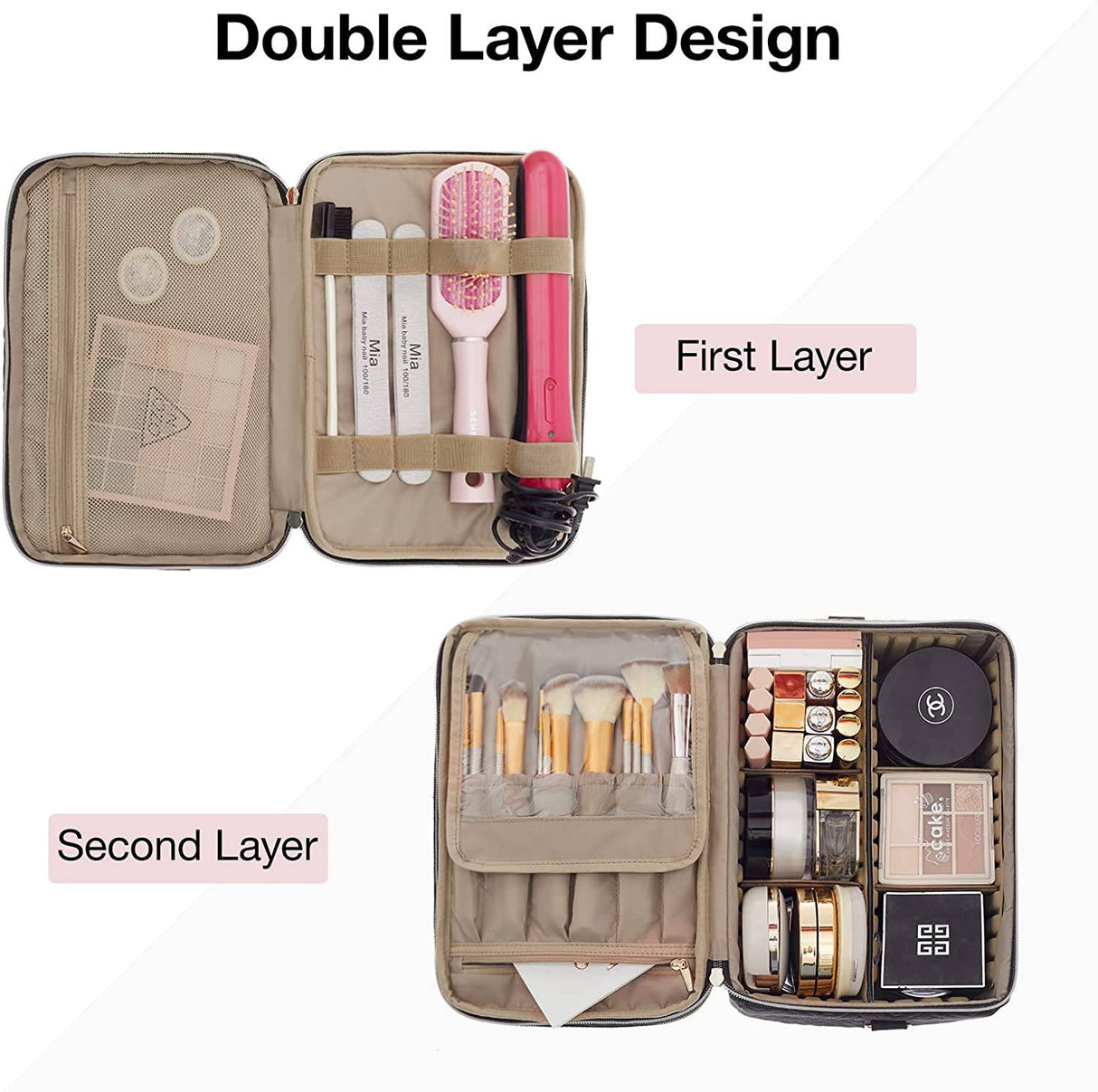 BAGSMART - Bolsa de maquillaje mediana, Organizador de bolsas de maquillaje grande de doble capa cosmética