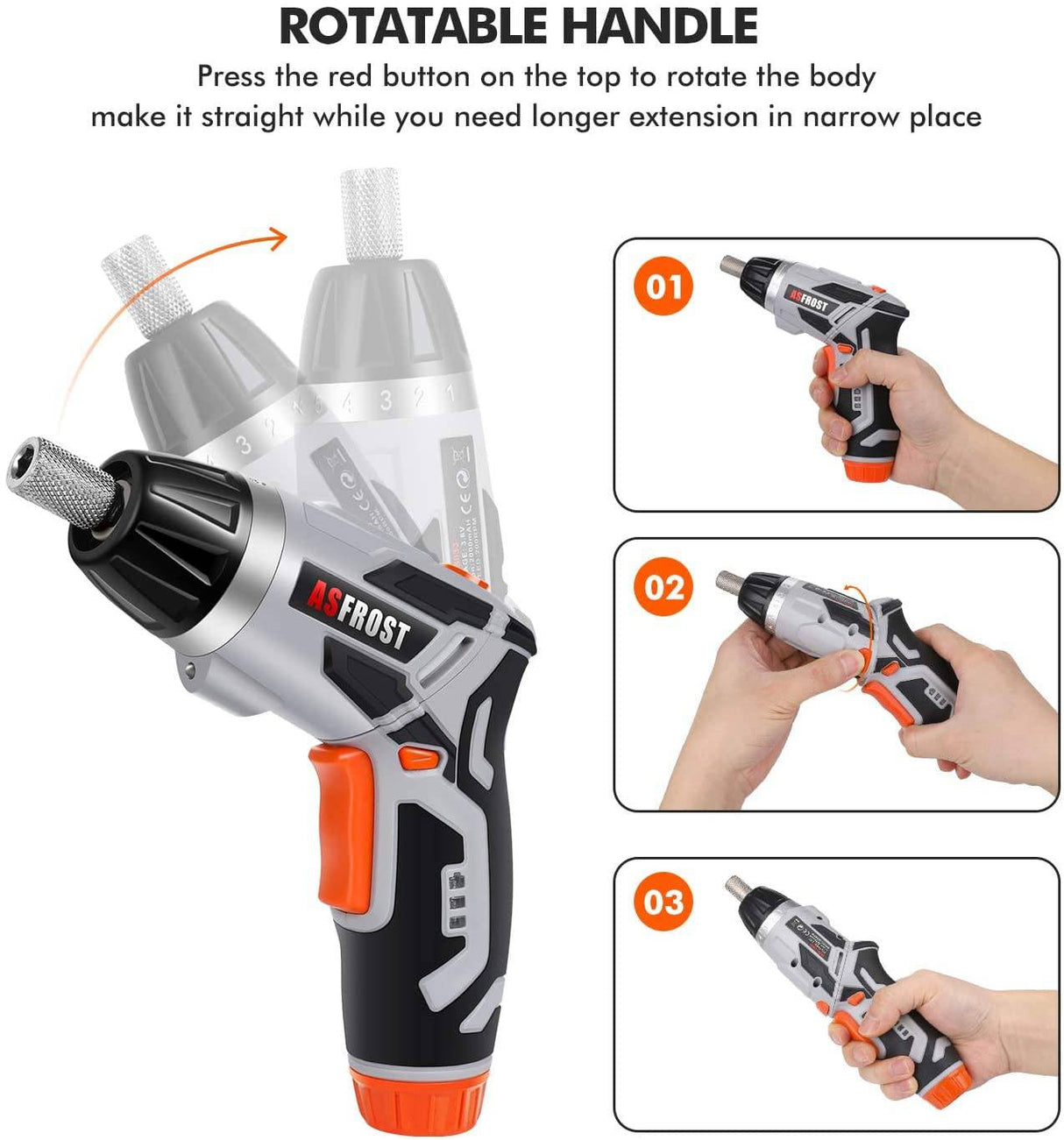 Destornillador eléctrico inalámbrico AsFrost 3.6V 2000mAh Recargable Pistola de tornillo y juego de puntas, 45 piezas de accesorios, 7 ajustes de torsión, mango de 2 posiciones con luz LED, eje flexible - DIGVICE MX