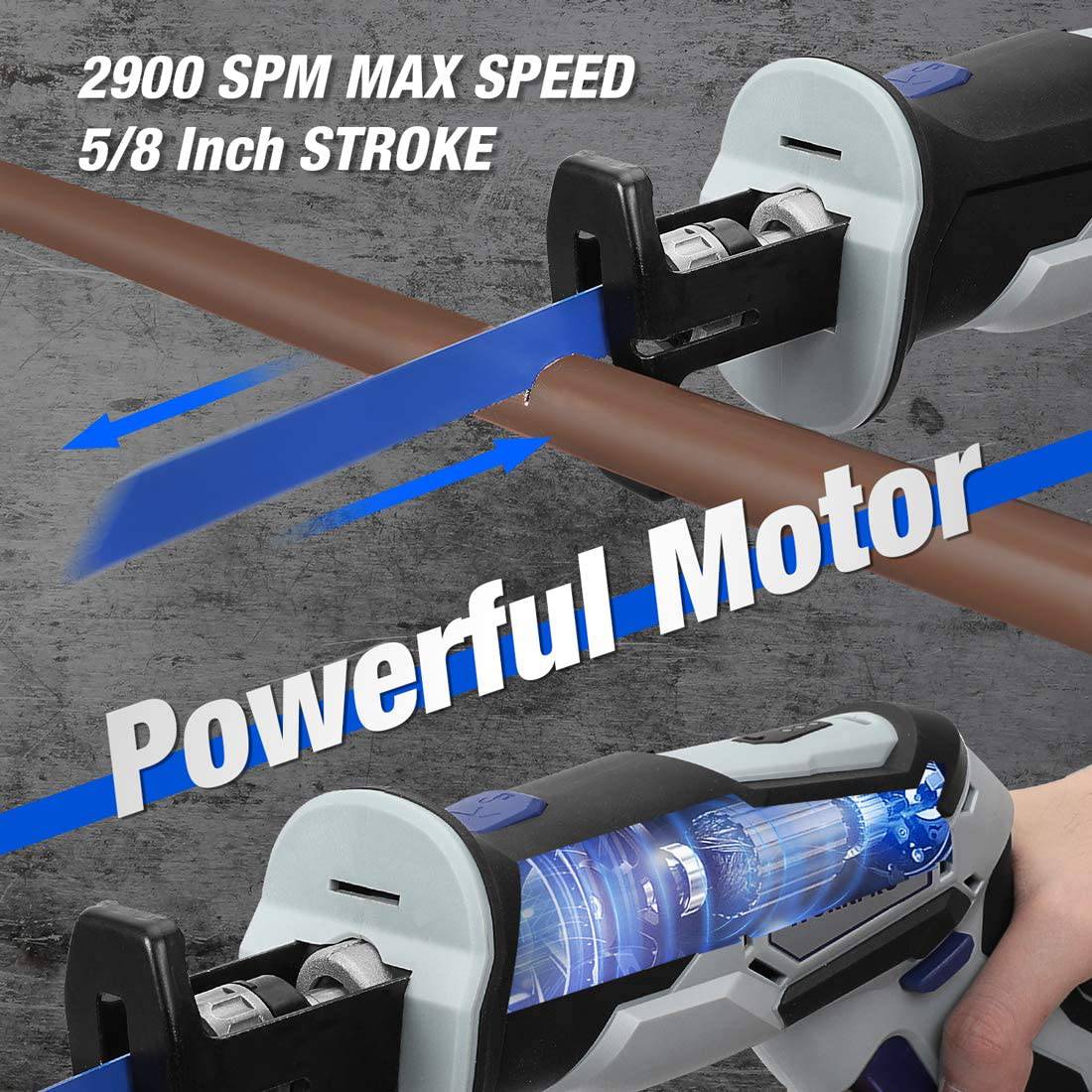 WORKPRO Sierra alternativa inalámbrica de 12 V con mordaza de sujeción, batería de iones de litio de 2 Ah con cargador rápido de 1 hora, velocidad variable y cambio de hoja sin herramientas, 3 hojas de sierra para corte de madera y metal - DIGVICE MX