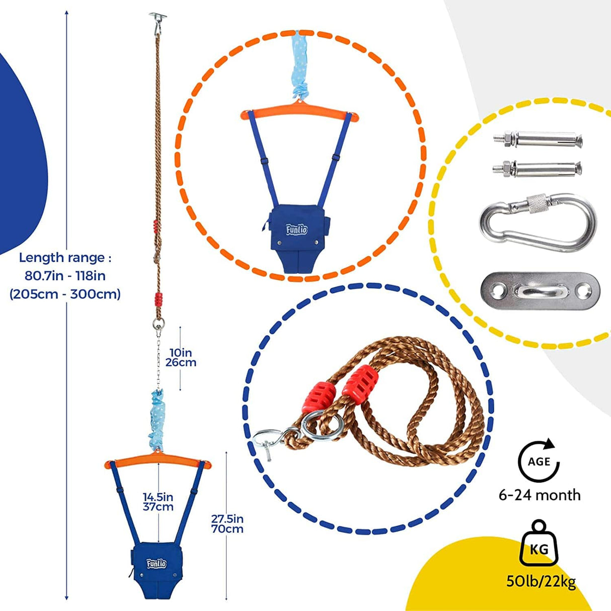FUNLIO Puente para bebé con gancho de techo para 6-24 meses, puente para puerta de bebé para juegos en interiores/exteriores, puerta de puente para bebé con cadena ajustable, fácil de montar y almacenar (con gancho de techo) - DIGVICE MX