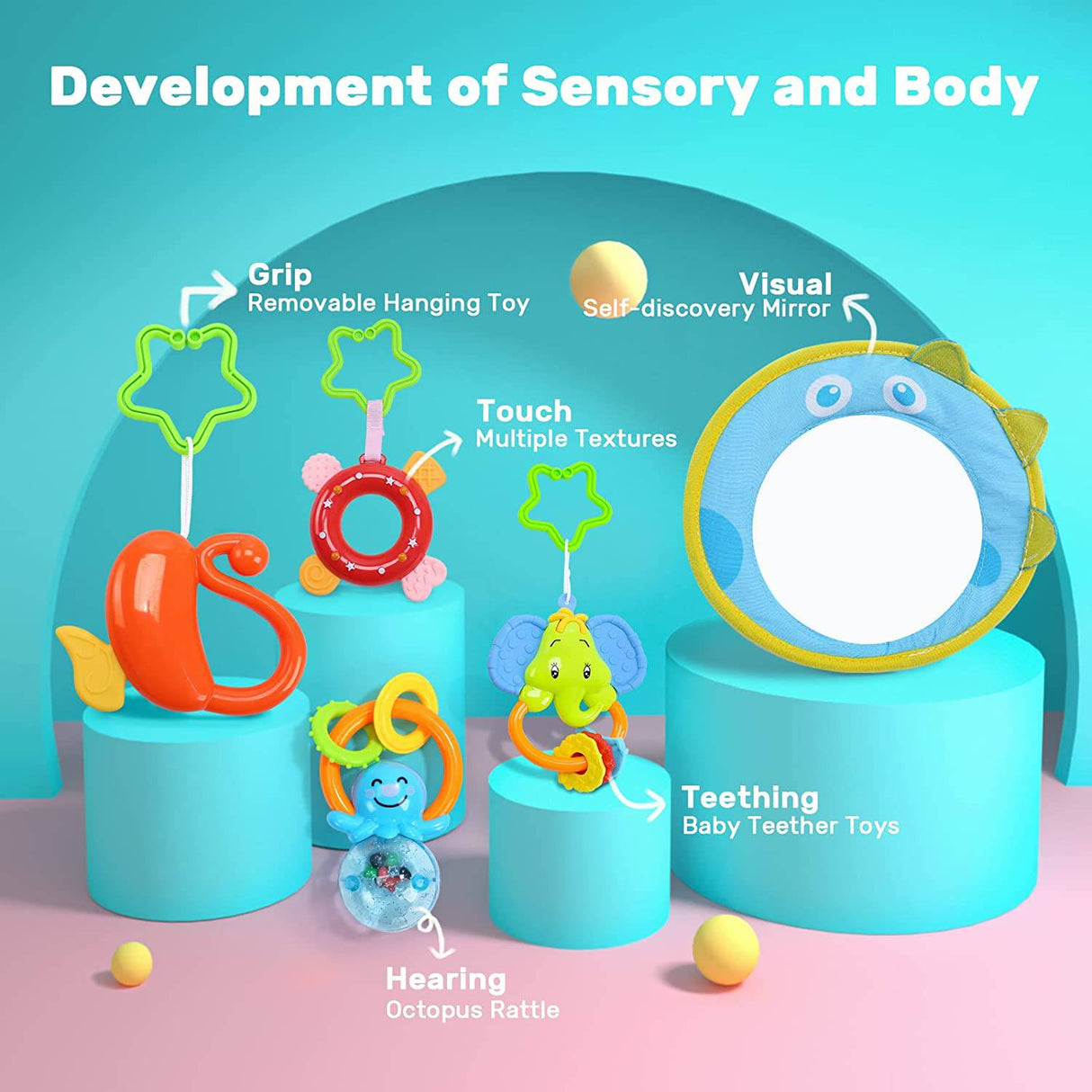 HOLYFUN Baby Gym Play Mat, Kick and Play Piano Gym con 5 juguetes sensoriales para morder, multifuncional Tummy Time Round Playmats, Centro de actividades musicales Regalo de desarrollo temprano para recién nacidos y niños pequeños - DIGVICE MX