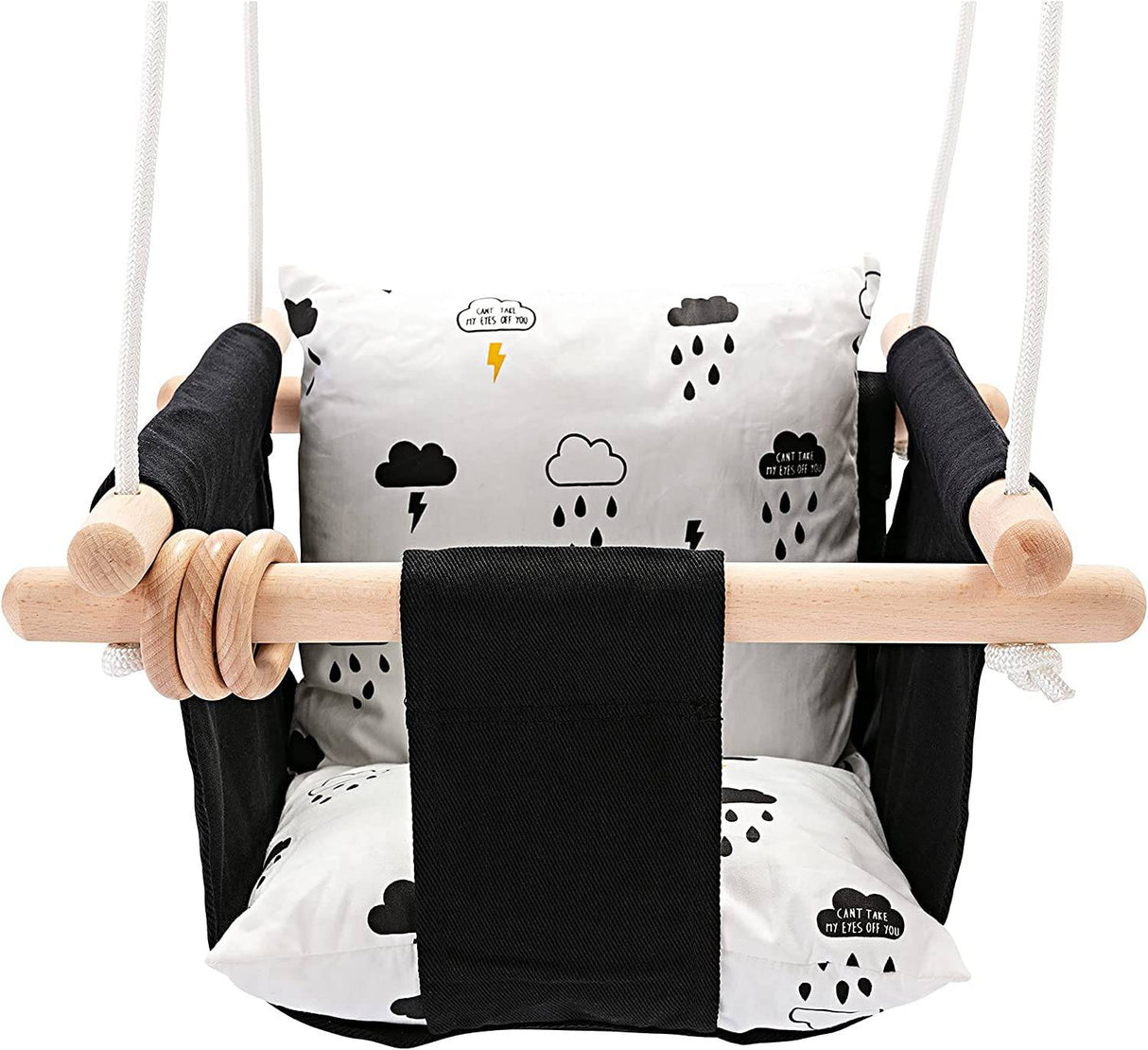 Milan Secure Canvas and Wooden Baby - Columpio exterior Juguetes para niños Columpios 6-36 meses con anillo de madera natural y cojín de nube, blanco y negro - DIGVICE MX