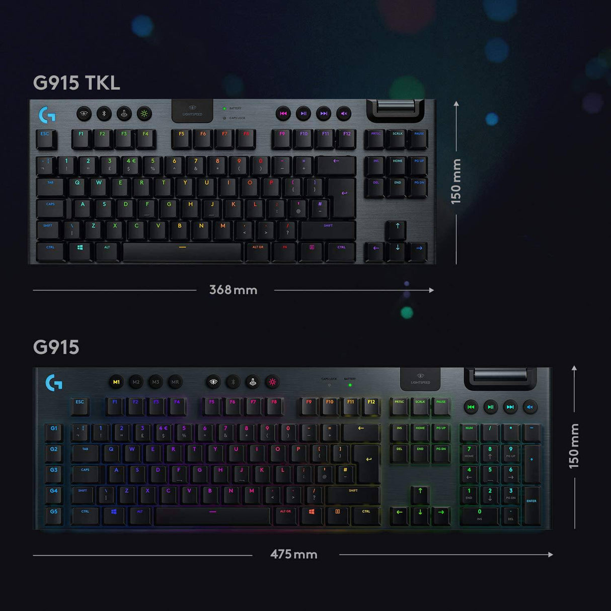 Logitech G915 TKL Tenkeyless Lightspeed Wireless RGB Teclado mecánico para juegos, opciones de interruptor de perfil bajo, LIGHTSYNC RGB, soporte inalámbrico avanzado y Bluetooth - Clicky, negro
