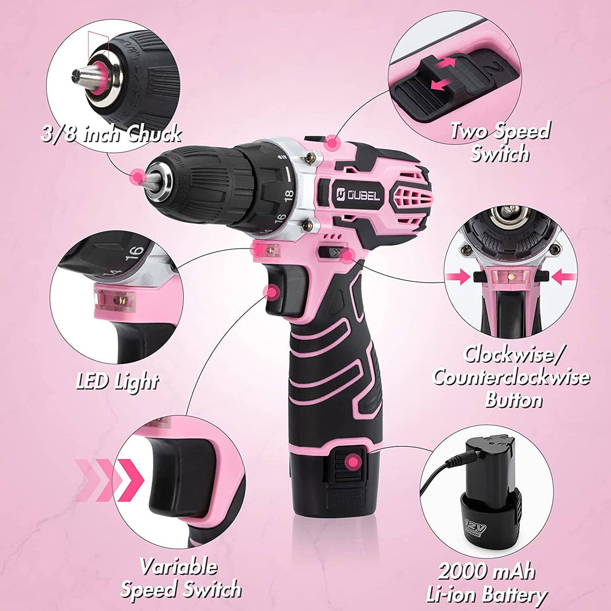 OUBEL Juego de brocas rosas para mujer, taladro inalámbrico rosa de 12 V, taladro eléctrico, taladro de batería, batería de 2000 mAh, ajuste de par de 18+1, portabrocas sin llave de 3/8 pulgadas, 2 velocidades variables - DIGVICE MX