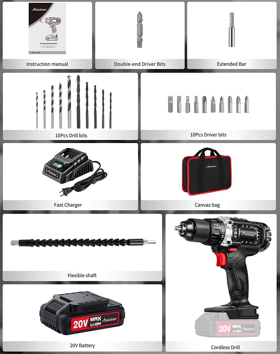 AVID POWER Juego de brocas eléctricas inalámbricas de 20 V con batería y cargador rápido, velocidad variable, ajuste de par 23+1, kit de taladro de accesorios de 23 piezas - DIGVICE MX