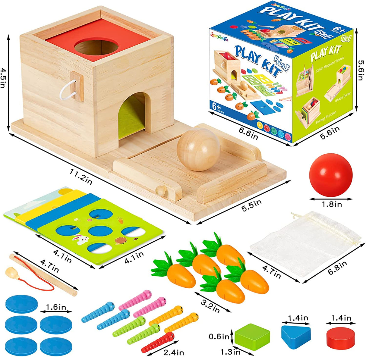 LACCHOUFEE - Kit de juego de madera 5 en 1 Juguete Montessori - Caja de permanencia de objetos, Caja de monedas, Cosecha de zanahorias, Captura de gusanos, Clasificador de formas - B0B1MMTKTK